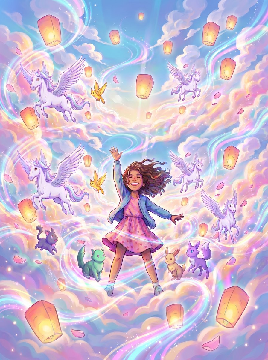 Harper in a dreamlike sky of lanterns
